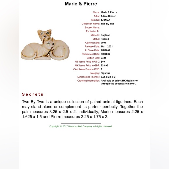 Harmony Kingdom Two by Two Marie & Pierre Cats - Picture 5 of 5